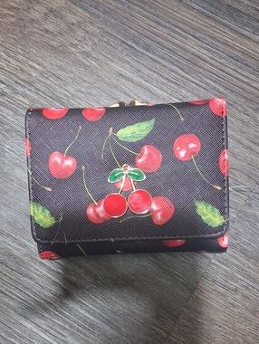 Cherry Print Compact Wallet - Black and Red